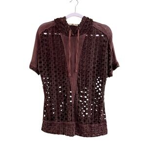Gilded Intent Mesh Hoodie Women L Burgundy Textured Cut Out Grunge Steampunk